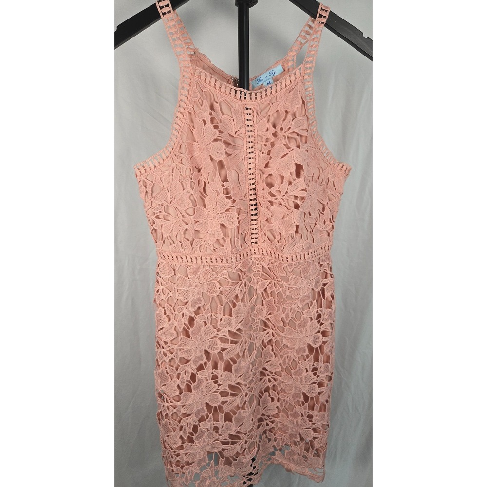 Pink Lace Shift Dress Sz M Floral Crochet Romantic Wedding Guest Garden Party